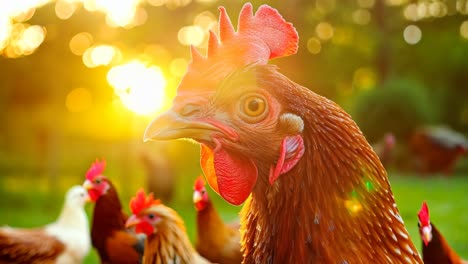 a group of chickens standing on top of a lush green field