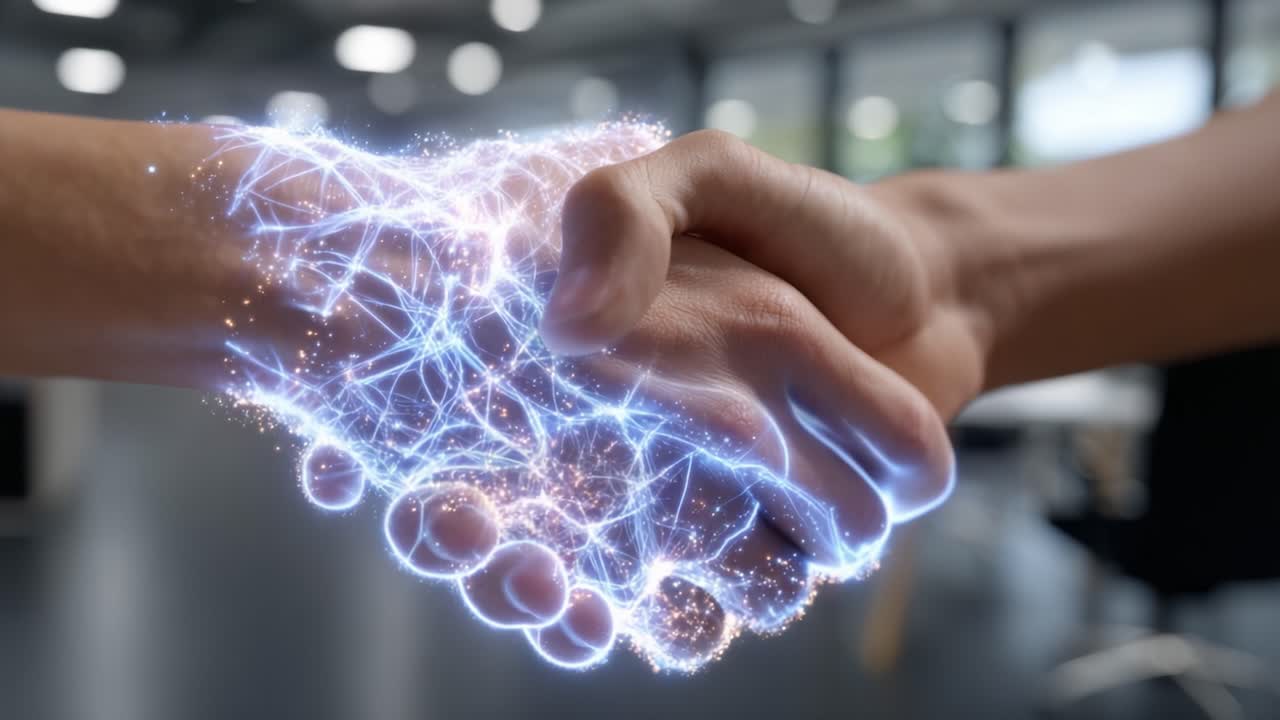 Una stretta di mano elettrica simboleggia connessione e collaborazione, mostrando una potente interazione potenziata dall'energia luminosa tra due persone in un ambiente moderno