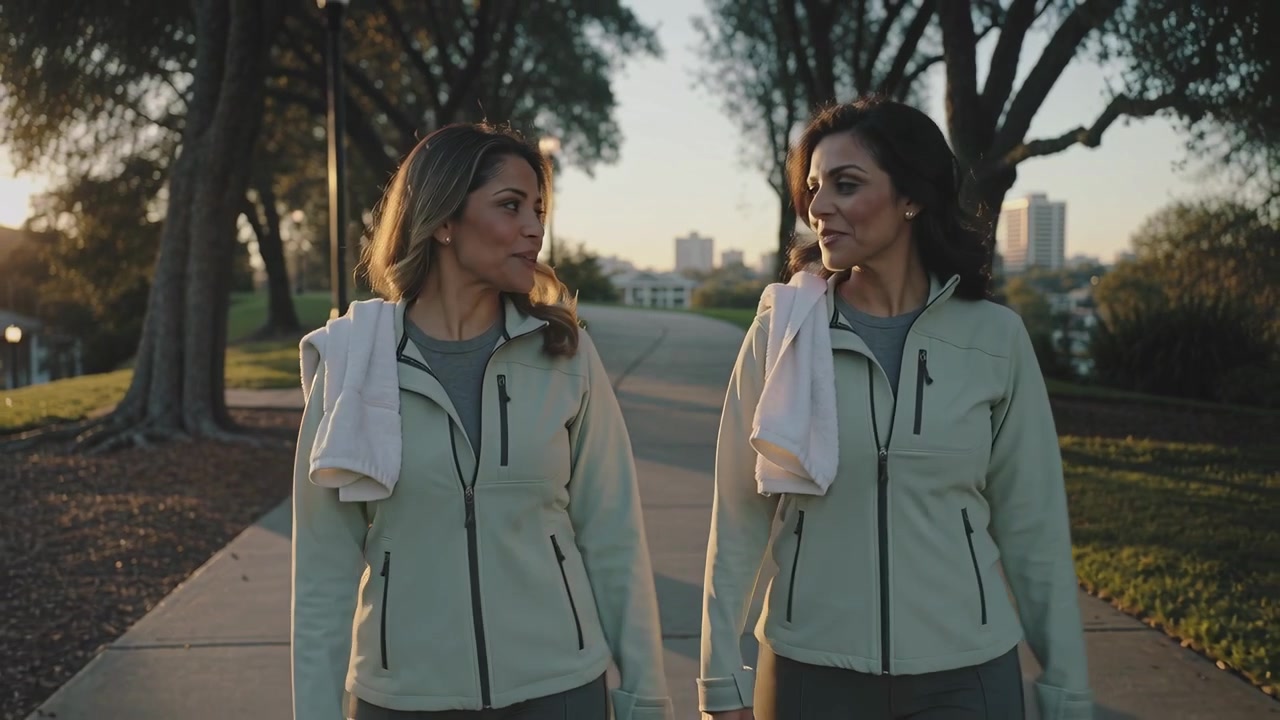 Dos mujeres sonrientes caminan y conversan mientras hacen ejercicio en un sendero junto al río, llevando toallas y chaquetas con cremallera
