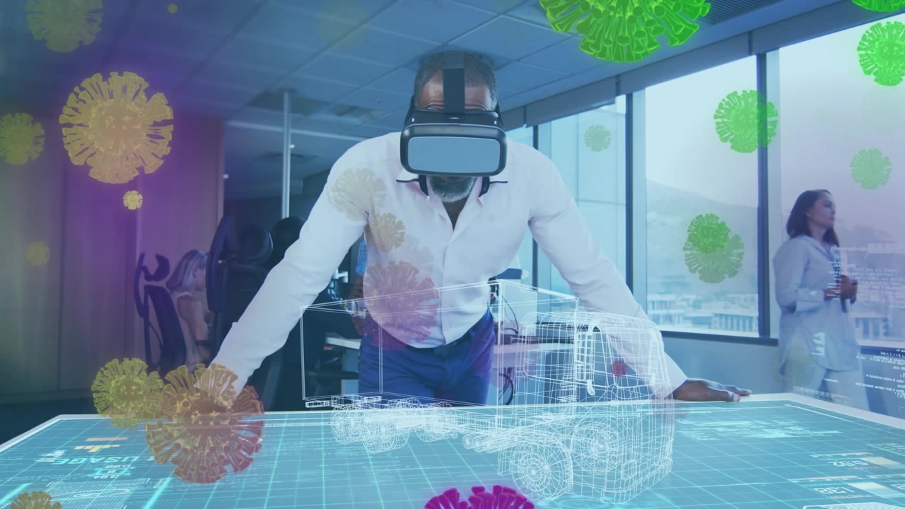 Animation of purple scanner and covid virus cells over man in vr headset working in office