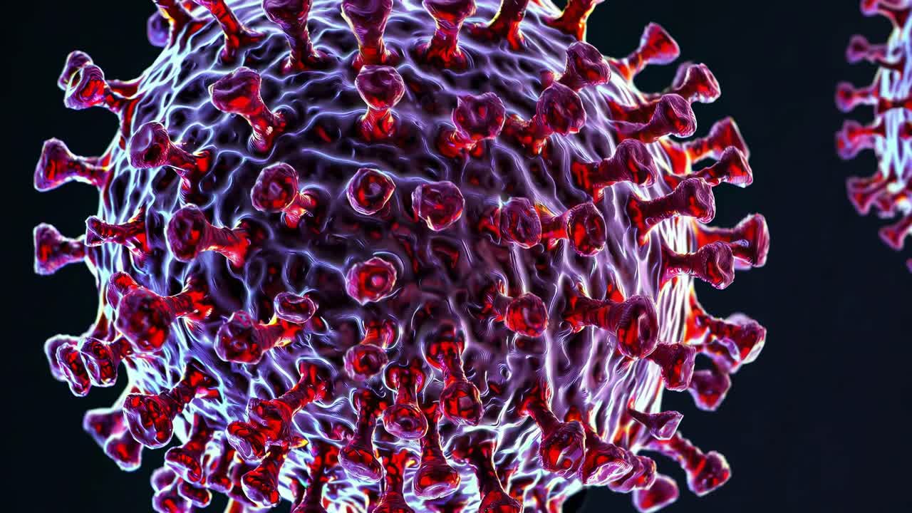 Close-up video still of a virus with a 3D rendering style, showcasing intricate surface details