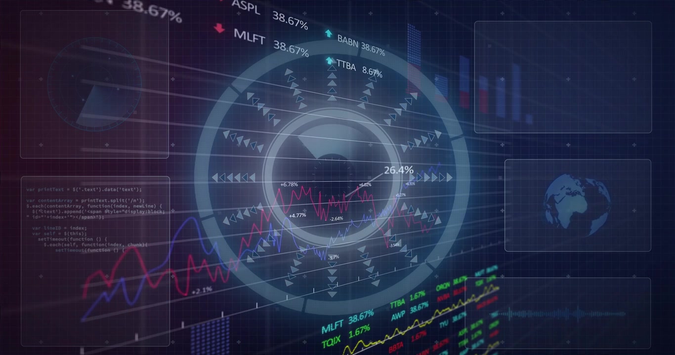 Left graph entering and starting central circular HUD rotating, pulsing and tickers displaying data