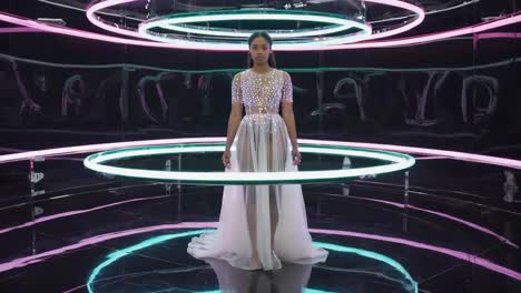 woman in a futuristic neon stage