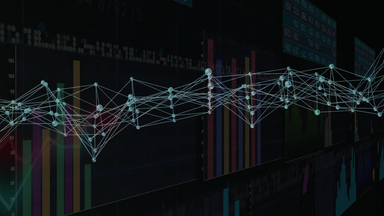 Dark display activating glowing nodes linking into expanding mesh visualizing analytics panels