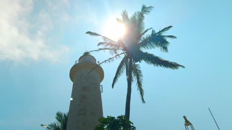 lighthouse with palm trees under a sunny sky