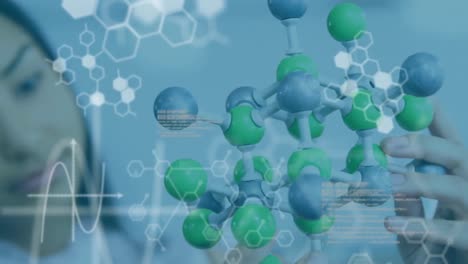 animation of data processing over caucasian woman with model in lab