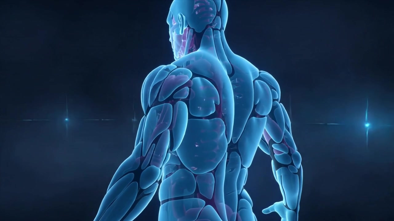Modello anatomico maschile trasparente rotante che rivela i muscoli in laboratorio, in riproduzione per scopi didattici, con linee di scansione.