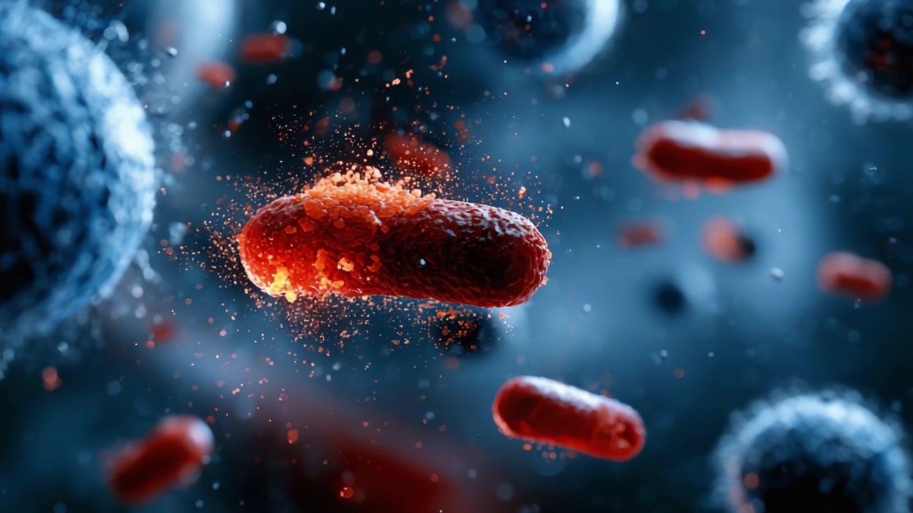 Esplorando il microcosmo: Un viaggio visivo attraverso le interazioni dinamiche dei batteri, con colori vivaci e strutture intricate in una rappresentazione digitale.