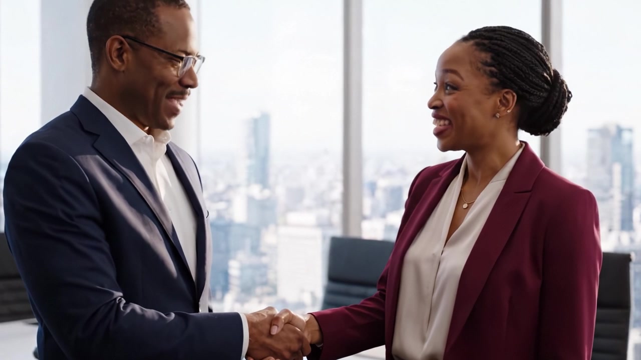 Two Professionals Engaged in Conversation in a Modern Office Environment with a City View, Sharing a Positive and Collaborative Moment