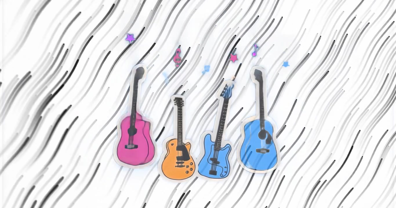 Chitarre che appaiono al centro con linee nere che si muovono, ondeggiano e simboli che fluttuano per un'introduzione vivace.