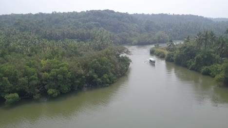 Boat-Cruising-In-The-River-Surrounded-By-Lush-Green-Vegetation---Talpona-River,-South-Goa,-India---aerial-drone-shot