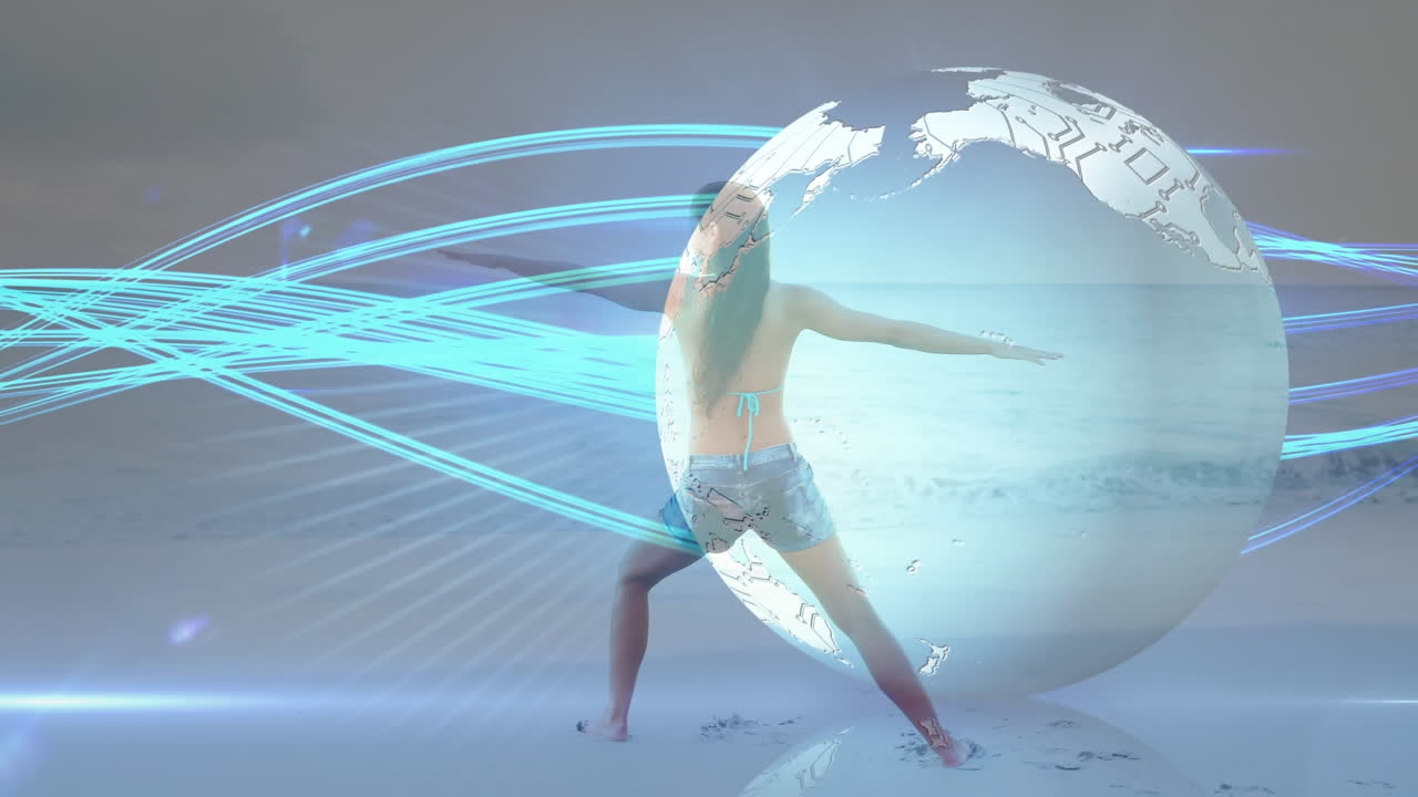 animación de una red de placa base global brillante sobre una mujer haciendo ejercicio en la playa