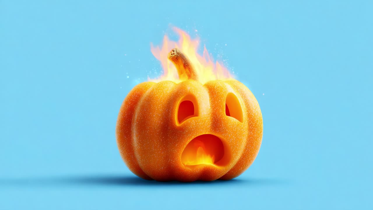 A distressed pumpkin with a sad expression surrounded by vibrant flames, set against a bright blue background. The image captures a unique, humorous take on Halloween decorations