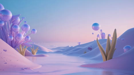 dreamy pastel alien landscape with reflective water and sphere plants