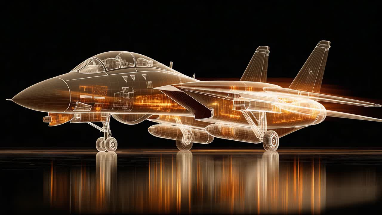 Futuristic Depiction of a Fighter Jet in Motion with Illuminated Components Showcasing Advanced Technology and Design Aesthetics in High Detail