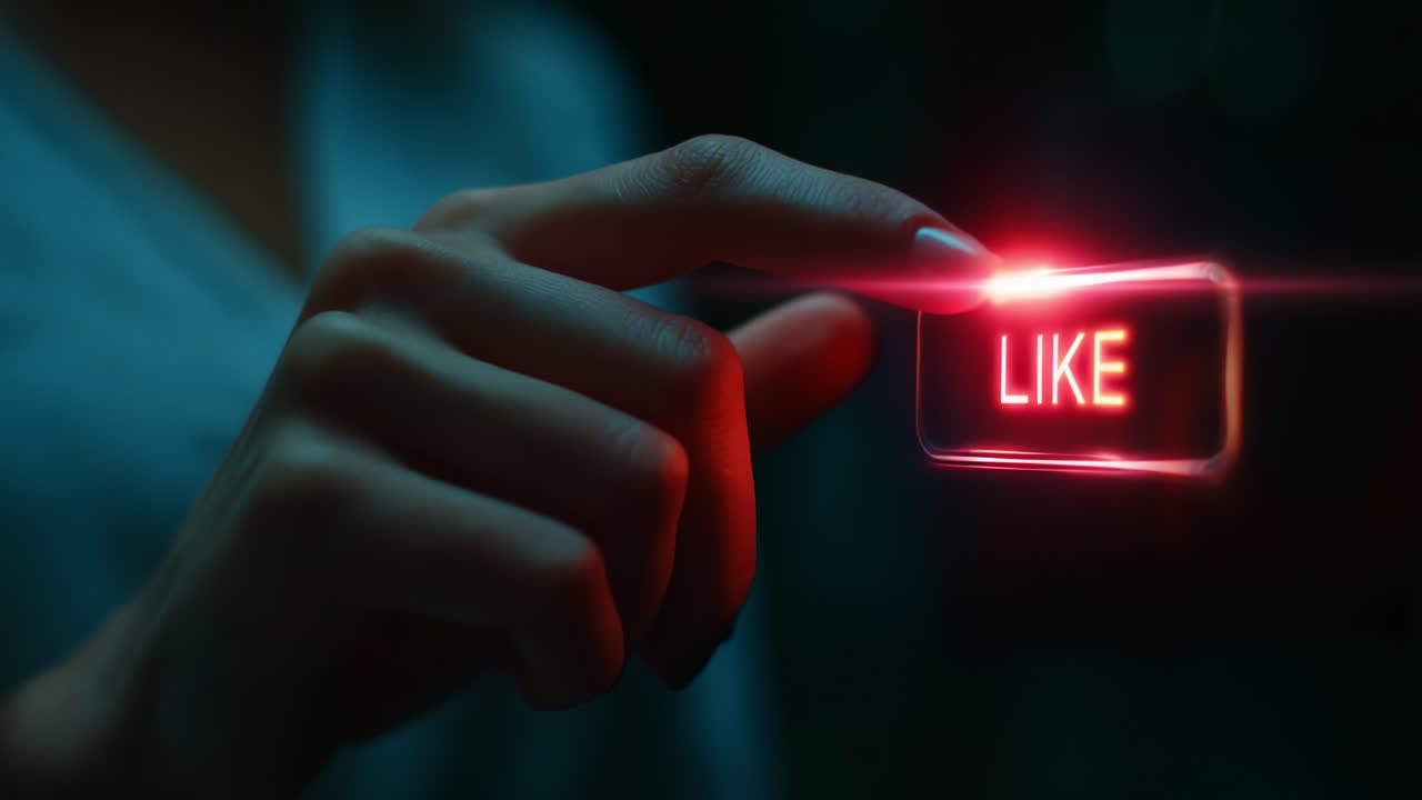 A close-up view of a hand about to press a glowing 'LIKE' button, emphasizing digital interaction and engagement in a modern, technology-driven world where likes symbolize approval and connectivity