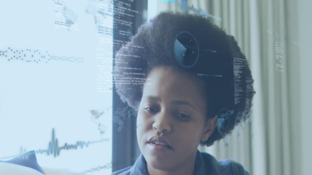 Animation of map, soundwaves, radars and computer language, african american woman drinking coffee