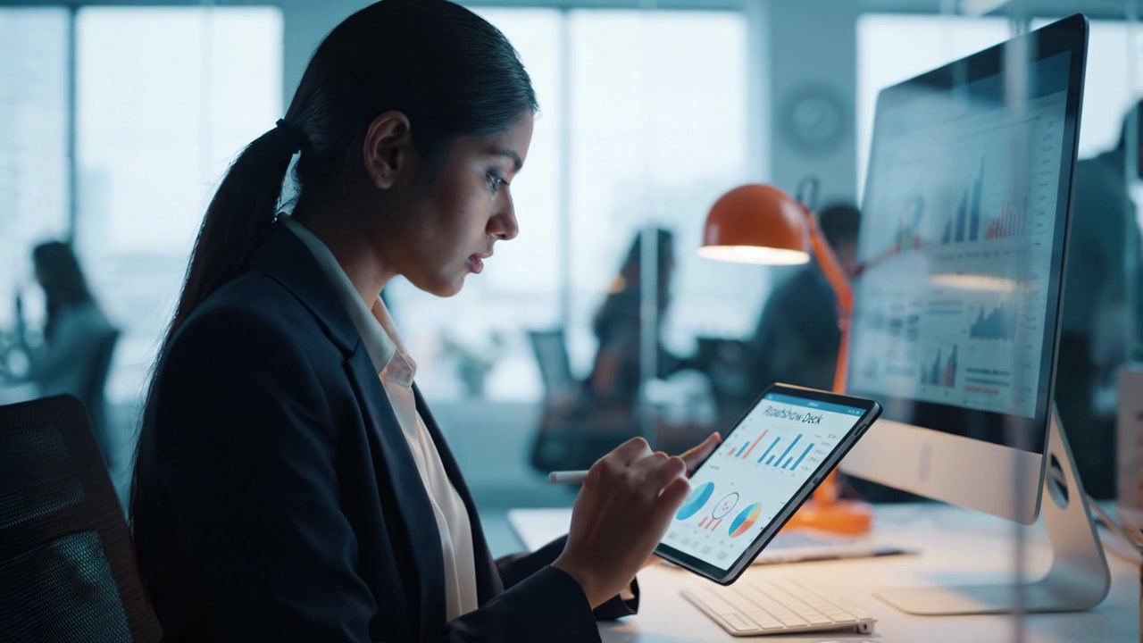 Focused Professional Analyzing Business Data on Tablet and Computer in Modern Office Environment - An Insightful Look at Digital Analytics in Action