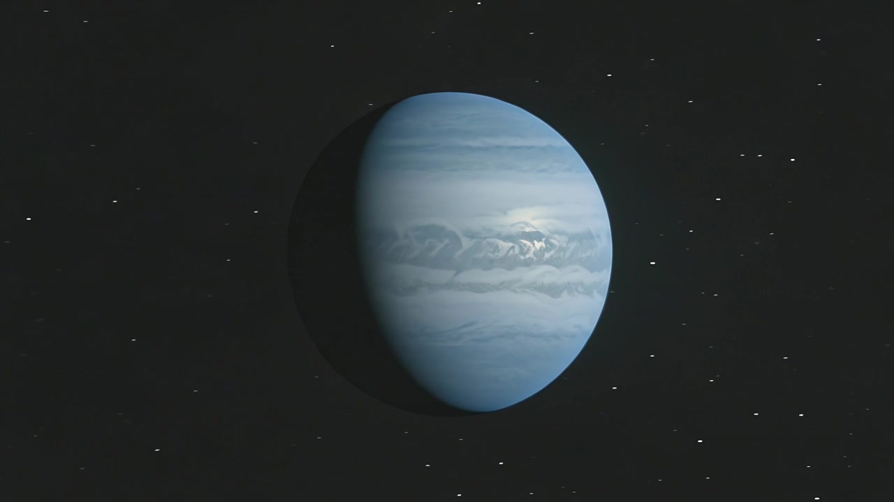 Starting sequence showing blue gas giant rotating in space, banded clouds, left night limb, stars