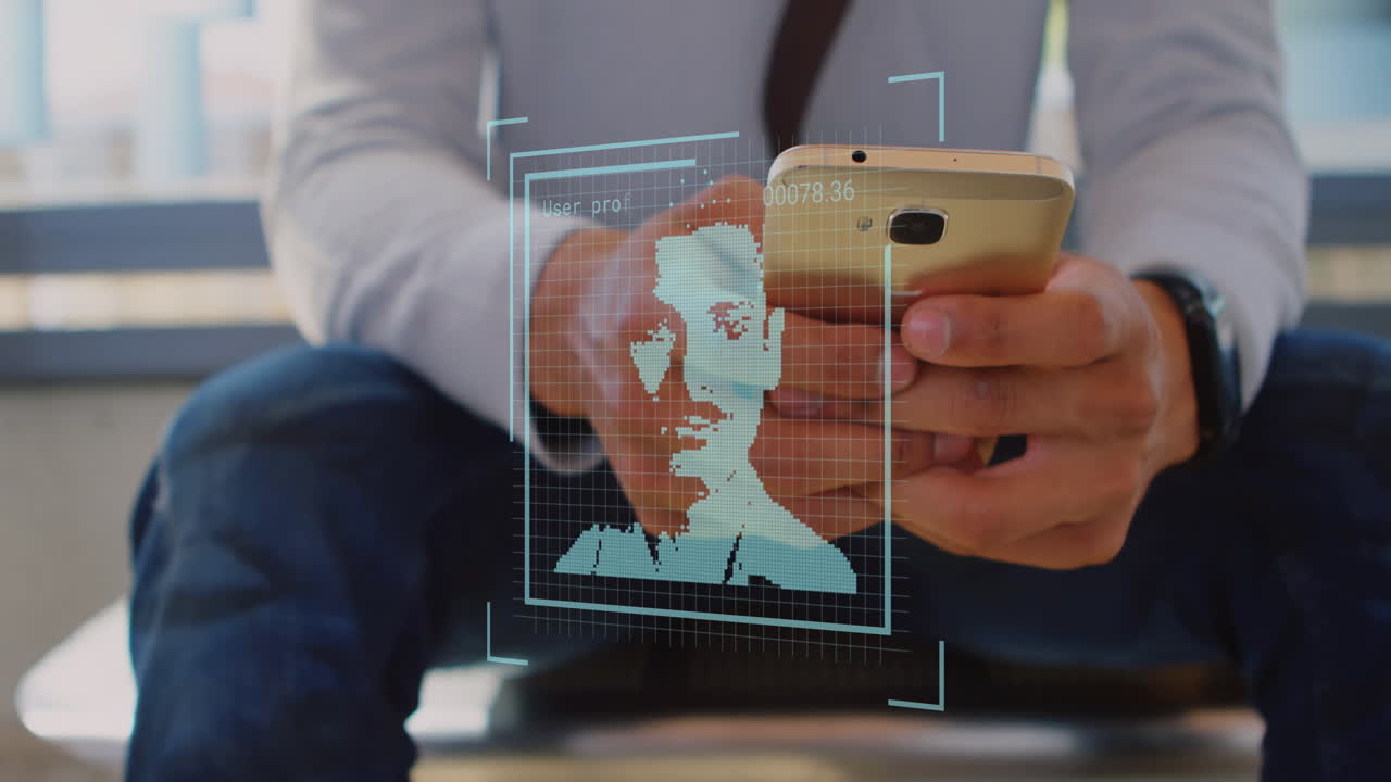 Animation of changing profile icons over mid section of businessman using smartphone at office