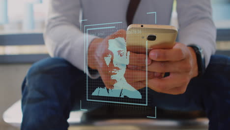 animation of changing profile icons over mid section of businessman using smartphone at office