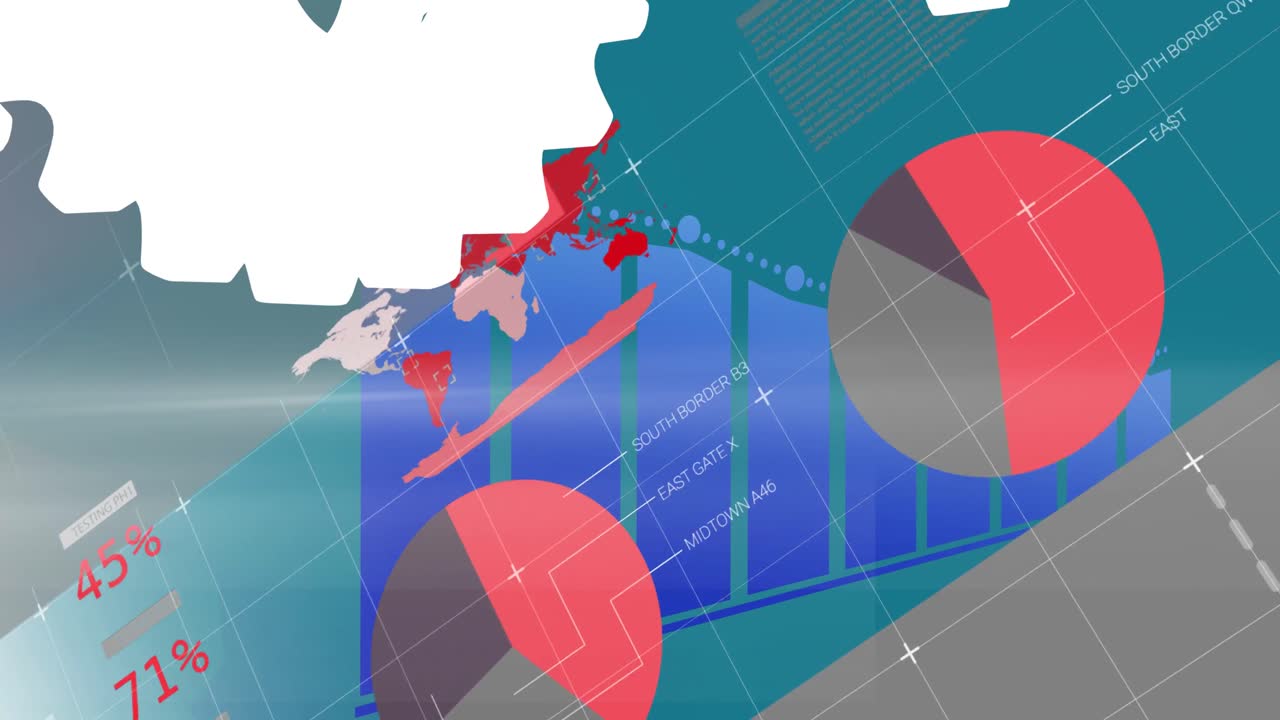 파란색 배경에 데이터 처리를 통해 모양의 애니메이션과 그래프.