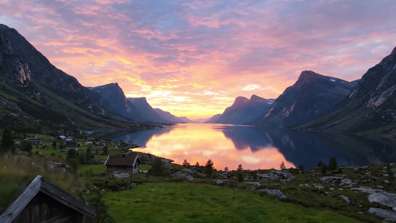 Atemberaubender Sonnenuntergang über einem ruhigen Bergsee: Ein Einblick in die majestätische Harmonie der Natur mit leuchtenden Farben und spiegelnden Gewässern.