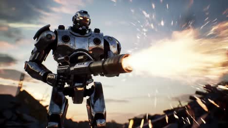 a formidable robot warrior stands amidst debris, wielding a powerful weapon, ready to unleash its fiery wrath in an apocalyptic landscape at dusk.