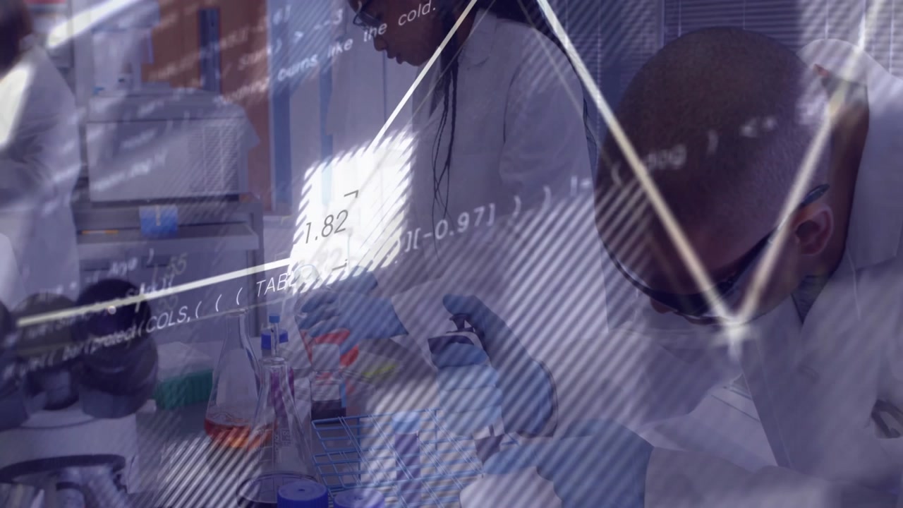Three lab scientists selecting pipette tips and pipetting at bench, activating data overlays