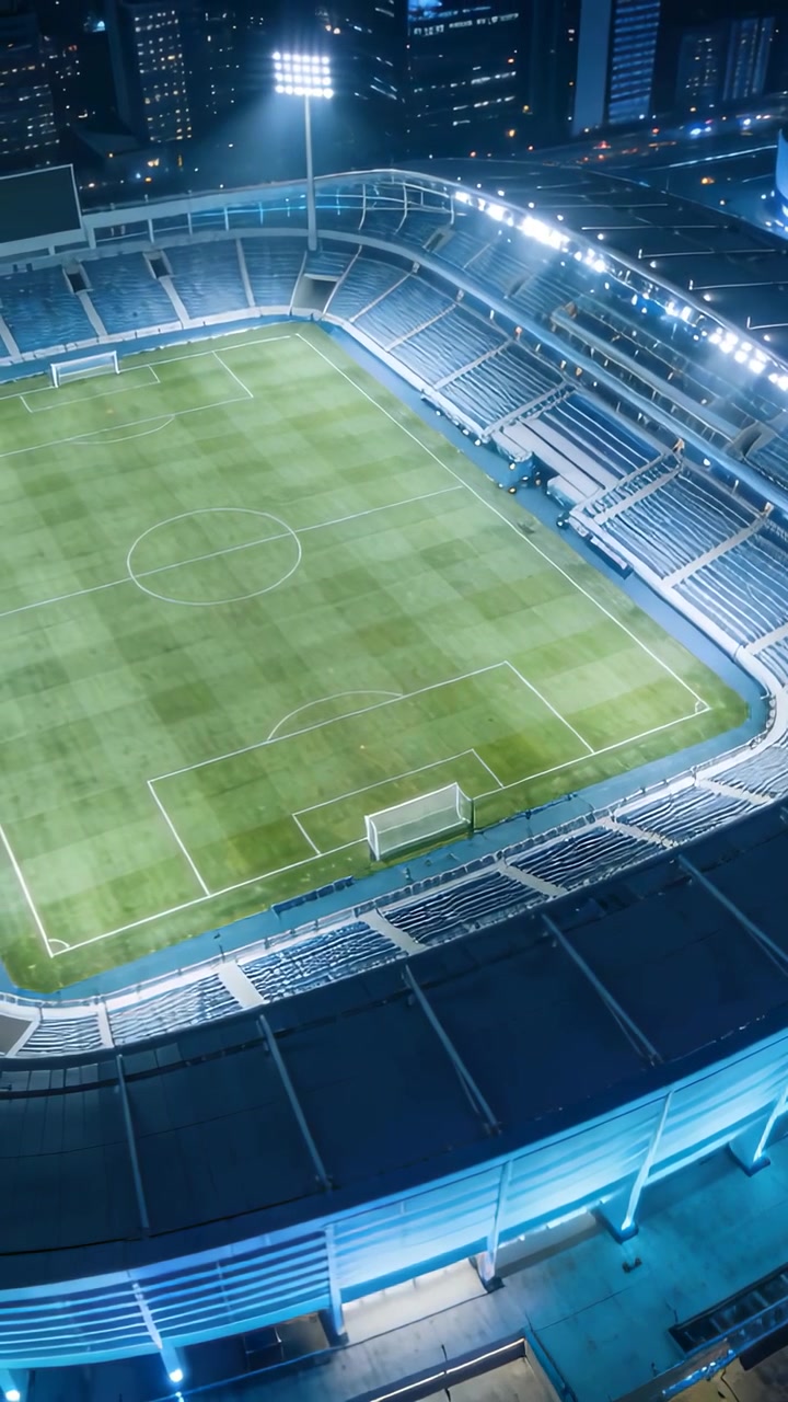 Video verticale: Drone che si muove sopra uno stadio di notte, mostrando il campo illuminato e i riflettori