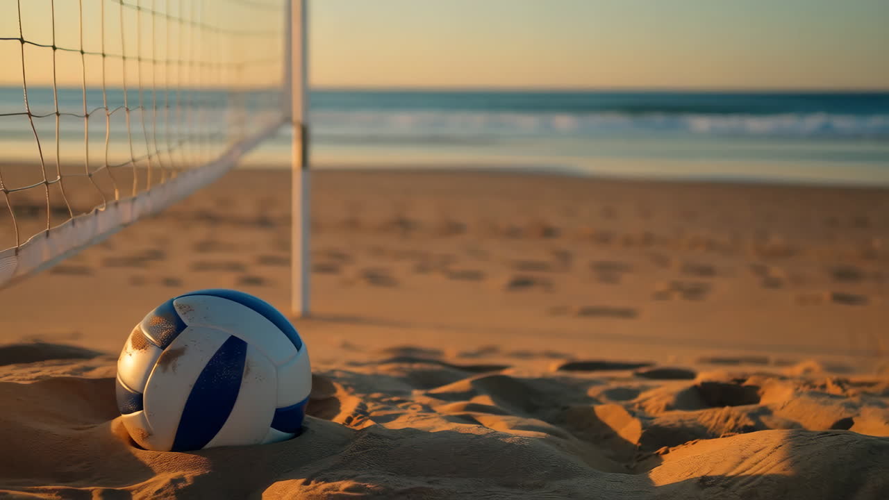 Volleyball på en strand ved solnedgang