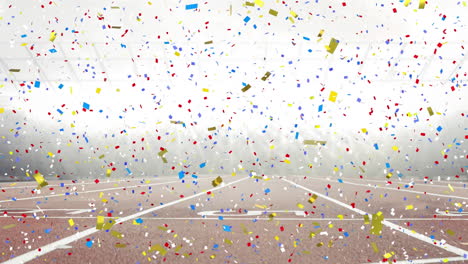 animation of confetti falling and mist over empty stadium