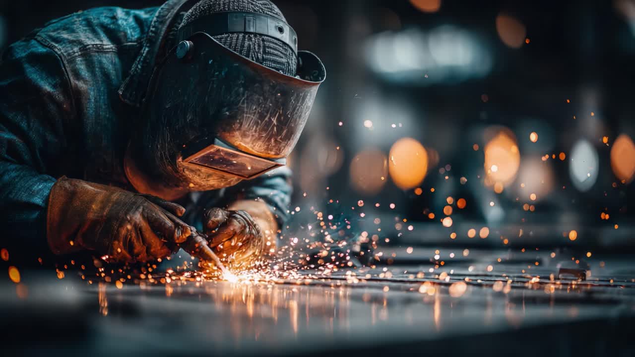 Close-up of a Skilled Worker Welding Metal, Creating Sparks and Bright Light, Showcasing Techniques and Safety Equipment in a Workshop Environment
