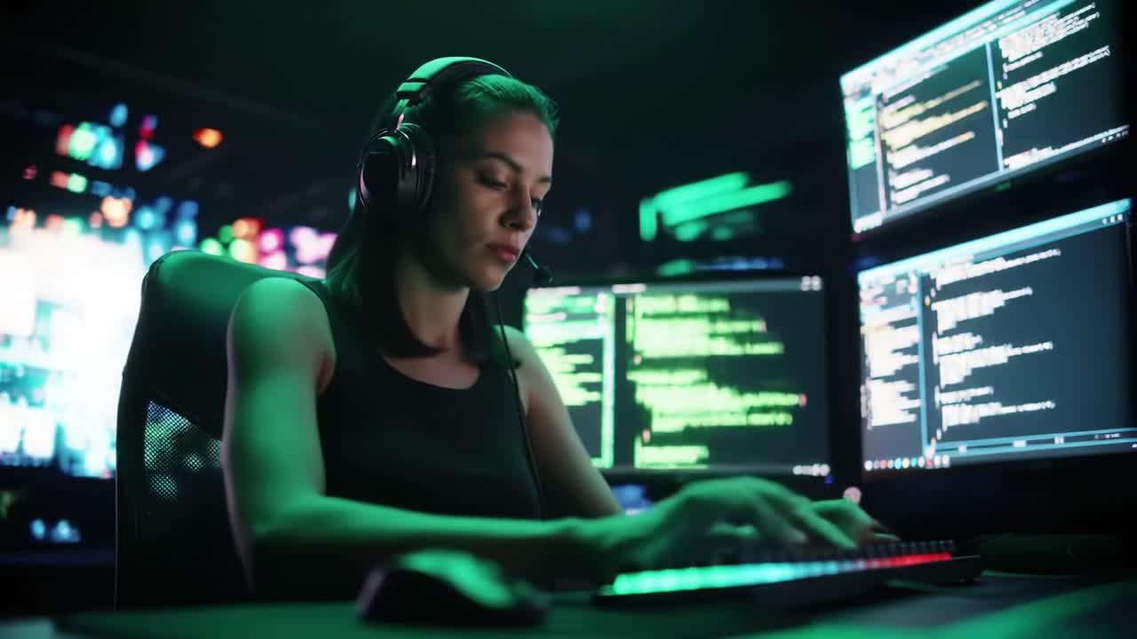 Focused Female Coder Engaged in Programming Tasks with Multiple Monitors Displaying Lines of Code and Data in a High-Tech Environment