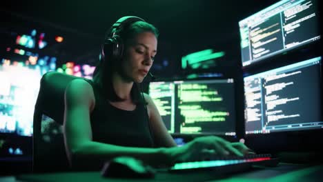 focused female coder engaged in programming tasks with multiple monitors displaying lines of code and data in a high-tech environment