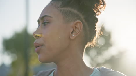 face, breathing and tired woman outdoor