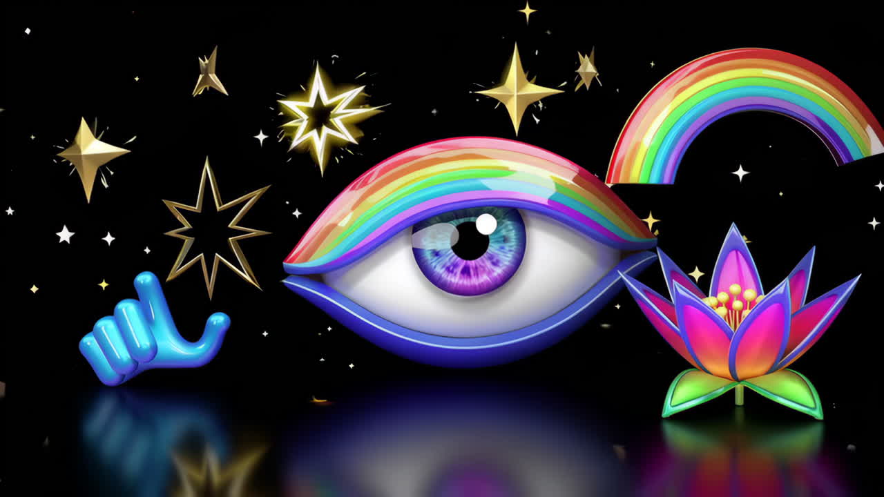 Vibrant Surreal Eye with Rainbow, Stars, and Spiritual Symbols