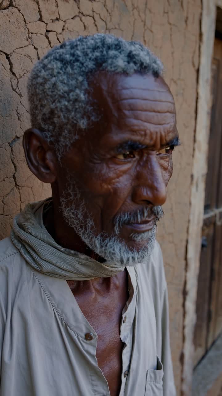 granjero africano con barba gris de pie pensativo contra la pared de barro agrietado, encarnando la sabiduría rural y la resiliencia