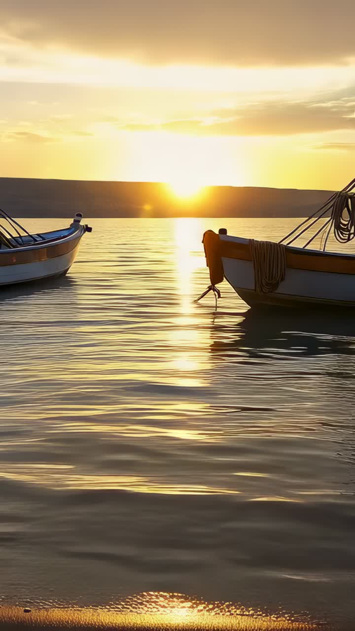 Video verticale: sole che tramonta, carrellata della camera per rivelare barche ormeggiate che ondeggiano in una baia calma con una corda