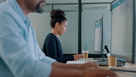 business, woman and typing in office