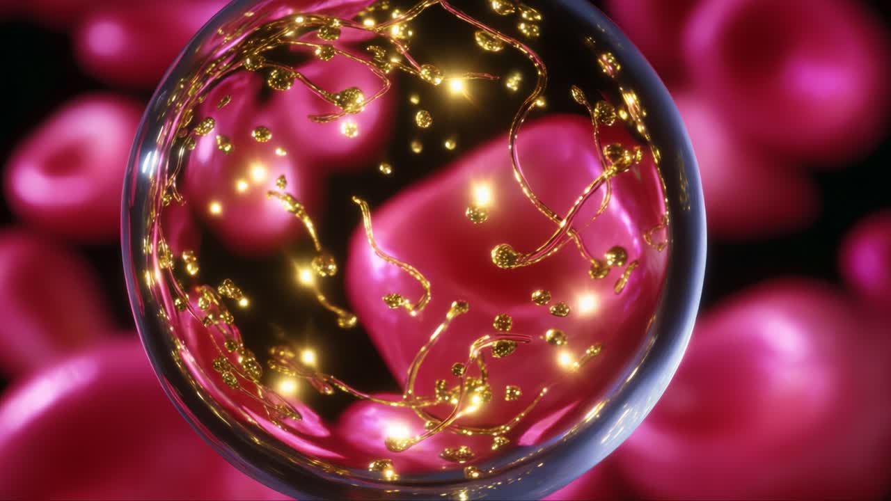 Exploring the Intricate World of Cellular Dynamics: A Captivating Visualization of Pink Blood Cells with Glimmering Elements Encased Within a Spherical Structure, Unveiling the Beauty of Microscopic Life