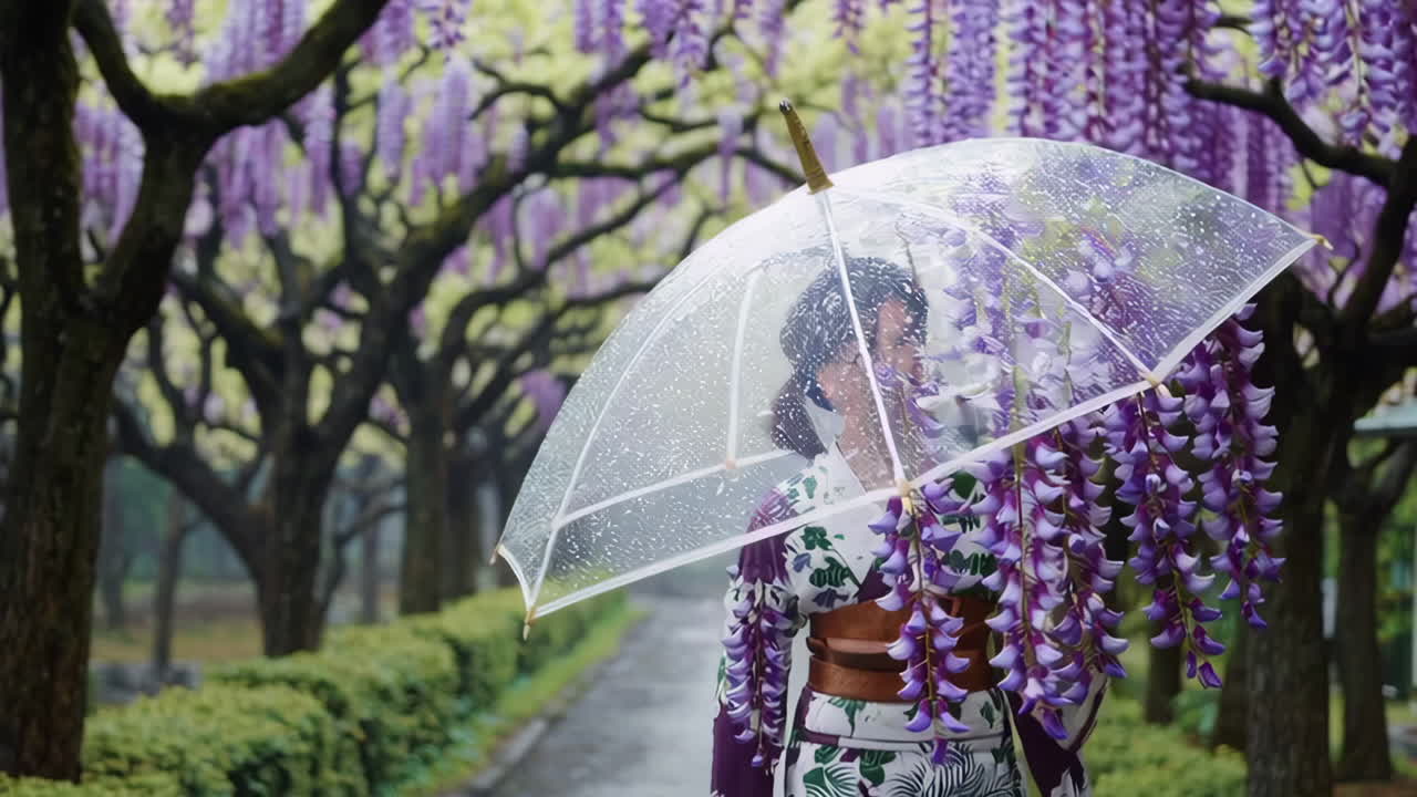 Woman in Kimono with Umbrella under Wisteria Trees in the Rain
