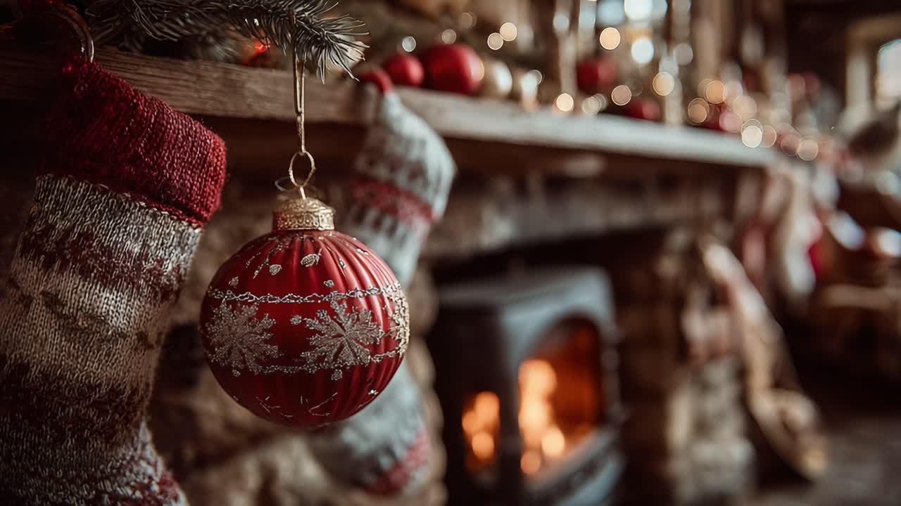 A Cozy Festive Scene Featuring a Red Ornament and Stockings Hanging by a Fireplace, Evoking Warmth and Holiday Cheer in a Beautifully Decorated Space