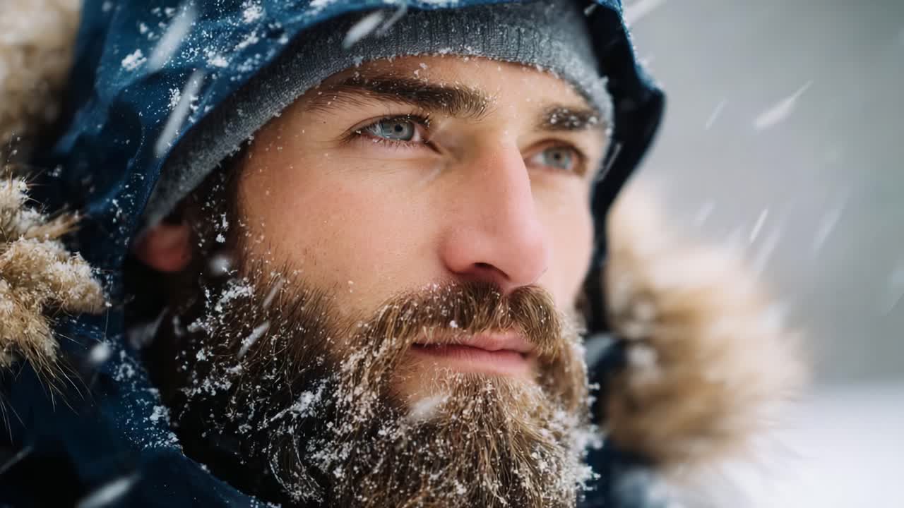 A close-up of a man's face surrounded by falling snowflakes, showcasing his thoughtful expression in a winter landscape with a cozy warm jacket and frosty beard