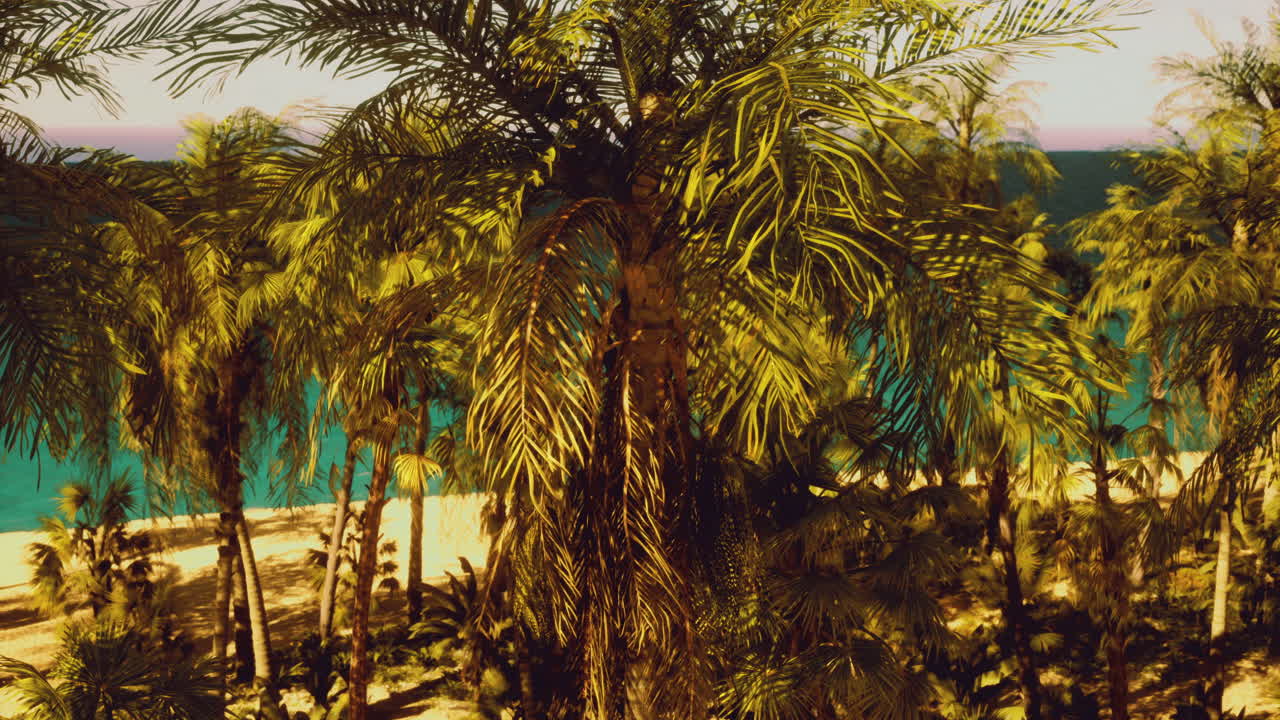 Palm trees overlooking a serene beach with turquoise waters and golden sand