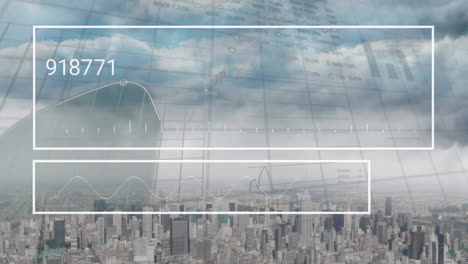 animación de gráficos, números cambiantes, tablero de negociación sobre la ciudad moderna contra el cielo nublado