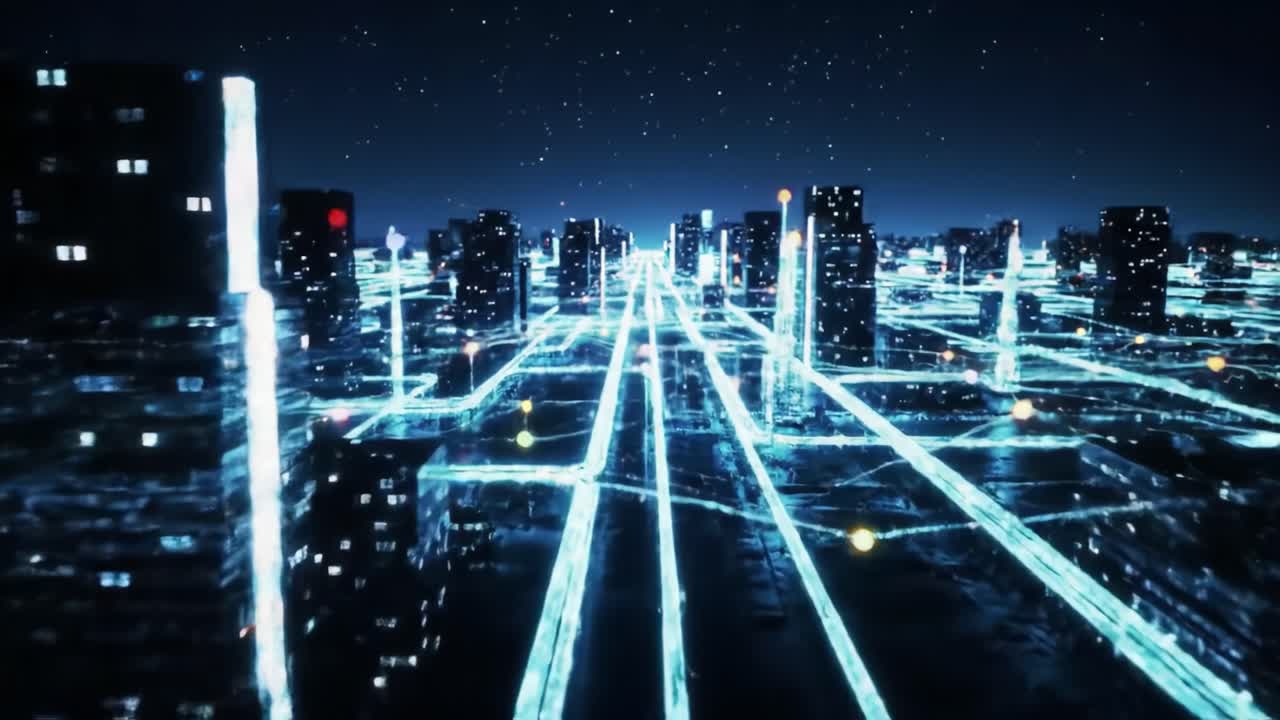 A mesmerizing digital landscape captured in two frames, showcasing a vibrant network of illuminated streets and buildings, highlighting the intersection of technology and urban life at night.
