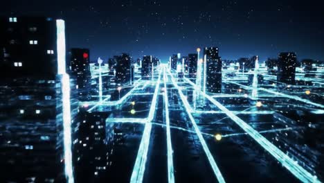 a mesmerizing digital landscape captured in two frames, showcasing a vibrant network of illuminated streets and buildings, highlighting the intersection of technology and urban life at night.