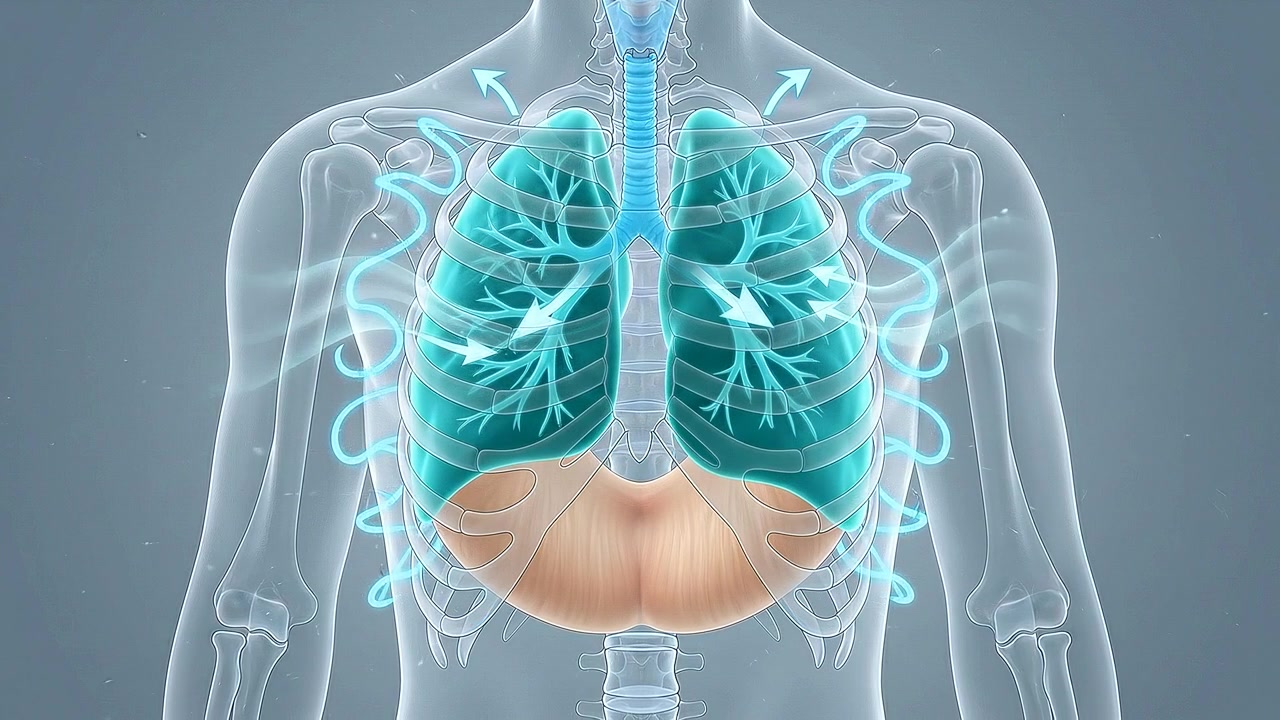 Torace pallido e trasparente che mostra polmoni e diaframma in illustrazione medica