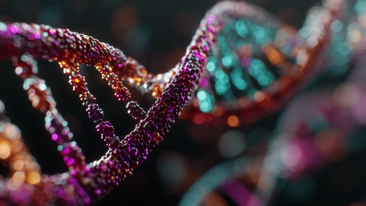 Fantastisk visualisering af en DNA-helix med levende farver, der viser den indviklede struktur og kompleksitet af genetisk materiale i høj detalje